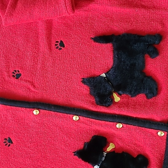 Vtg Crystal-Kobe Red Cardigan Button-up Sweater Black Scottish Terriers Wmns XL - Picture 5 of 13